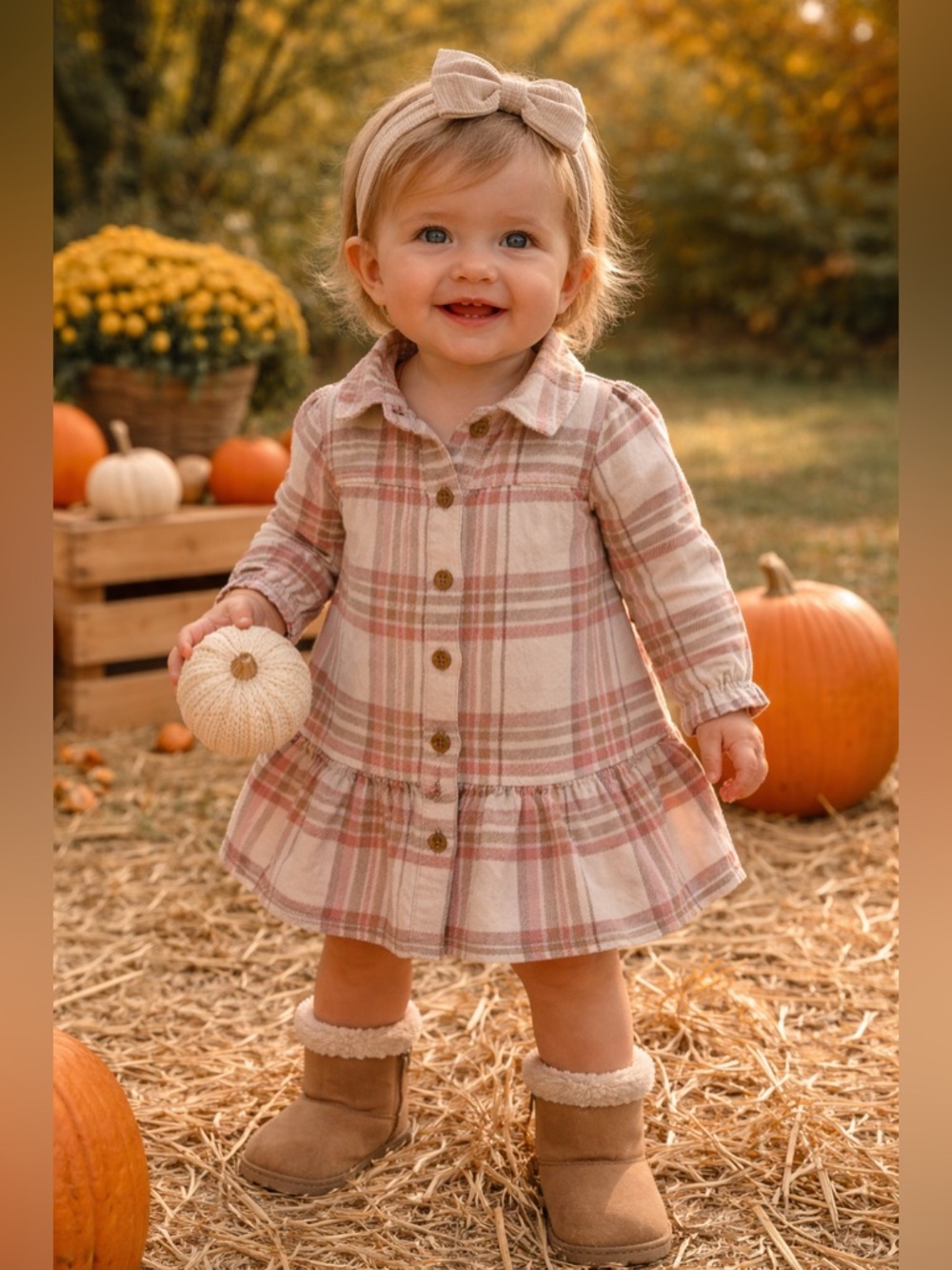 Carter’s Baby Girls 12M Plaid Flannel Prairie Dress Cream Dusty Rose